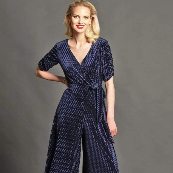 Eva Franco Catalina Navy Stretch Velvet Jumpsuit - Picture 1 of 6